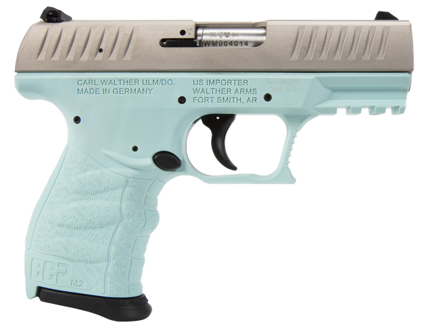 Walther Arms 5083512 CCP M2 + 9mm Luger 8+1 3.54" Barrel, Angel Blue Finish Picatinny Rail Frame, Serrated Sliver Stainless Steel Slide, Finger Grooved Polymer Grip