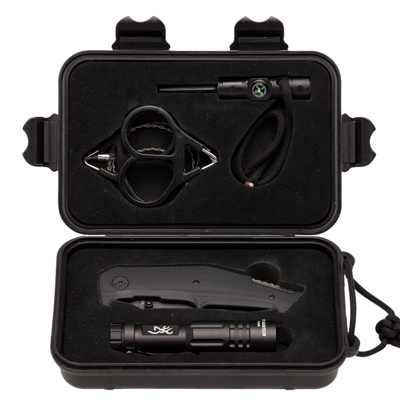 Browning 3220288 Outdoorsman Survival Kit 3.50" Folding Drop Point Plain Black Stonewashed 8Cr13MoV SS Blade/Black G10 Handle Includes Storage Case/Flashlight/Wire Saw/Fire Flint/Compass/Whistle
