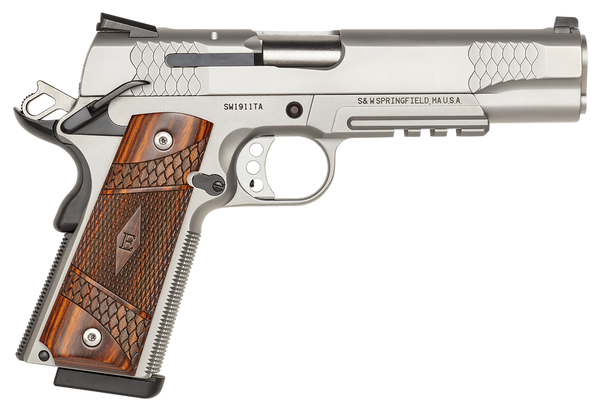 Smith & Wesson 108411 1911 E-Series 45 ACP  5" Barrel 8+1, Satin Stainless Steel Frame & Slide, Laminate Wood E Series Grip, Tactical Accessory Rail, Manual Grip & Thumb Safety