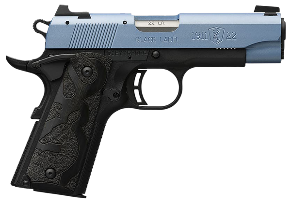 Browning 051898490 1911 Black Label Compact Frame 22 LR 10+1, 3.63" Matte Stainless Steel Barrel, Polar Blue Cerakote Serrated Slide, Matte Black Polymer Frame w/Beavertail, Black Laminate Wood Grip