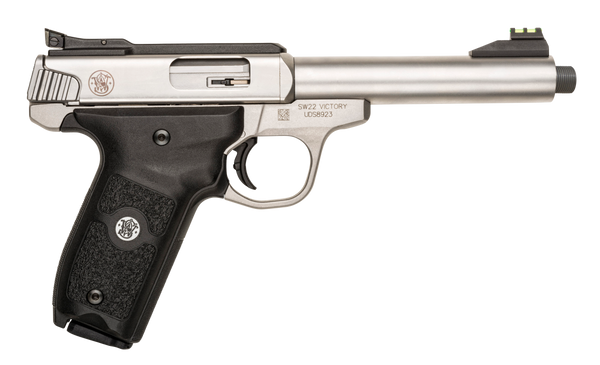 Smith & Wesson 10201 SW22 Victory Full Size Frame 22 LR 10+1, 5.50" Satin Stainless Steel Threaded Barrel, Slide & Frame, Black Textured Grip, Thumb Safety