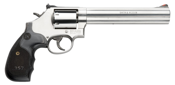 Smith & Wesson 150855 Model 686 Plus 38 S&W Spl +P, 357 Mag 7rd 7" Stainless Steel Barrel & Cylinder Satin Stainless Steel Frame with Black & Silver Custom Wood Grip & Red Ramp Front Sight