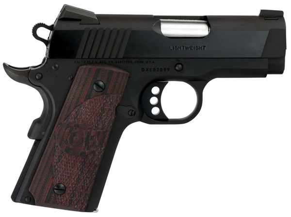 Colt Mfg O7800XE Defender  Compact 45 ACP 7+1 3" Black Steel Barrel, Blued Serrated Slide, Matte Black Cerakote Aluminum Frame w/Beavertail, Black Cherry Tactical G10 Grips, Ambidextrous