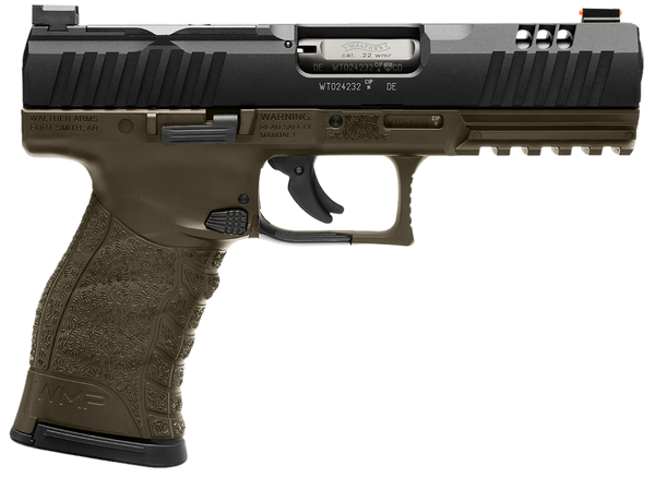Walther Arms 5220307 WMP  Full Size Frame 22 WMR 15+1 4.50" Black Steel Barrel, Black Optic Ready/Serrated Slide, OD Green Polymer Frame w/Picatinny Rail, Textured Polymer Grip