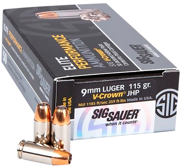 Sig Sauer E9MMA1COMP50 Match Elite Competition  9mmLuger 115gr V-Crown Jacketed Hollow Point 50 Per Box/20 Case