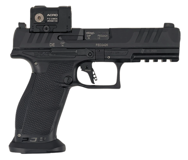 Walther Arms 2881225PRO PDP w/Optic Full Size Frame 9mm Luger 18+1 4.50" Polygonal Rifling Barrel Black Optic Ready/Serrated Steel Slide Black Polymer Frame w/Picatinny Rail, Aimpoint Acro Red Dot