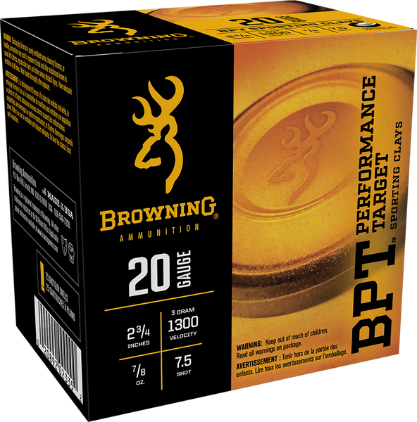 Browning Ammo B193632027 BPT Performance Target Sporting Clay 20Gauge 2.75" 7/8oz 7.5Shot 25 Per Box/10 Case