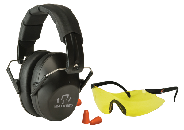 Walker's GWPFPM1GFP Pro Low Profile Passive Muff Combo Kit Includes Foam Ear Plugs, Low Profile 31 db Over the Head Passive Muff, Shooting Glasses w/Yellow Lens