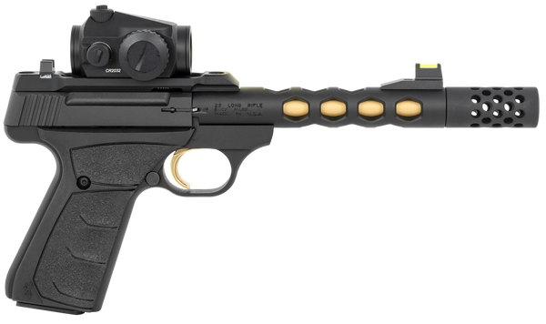 Browning 051582490 Buck Mark Vision SR 22 LR 10+1 5.90" Black Anodized/Gold Cerakote Ported Threaded Barrel, Matte Black Serrated Slide & Aluminum Frame,  Vortex Crossfire Red Dot