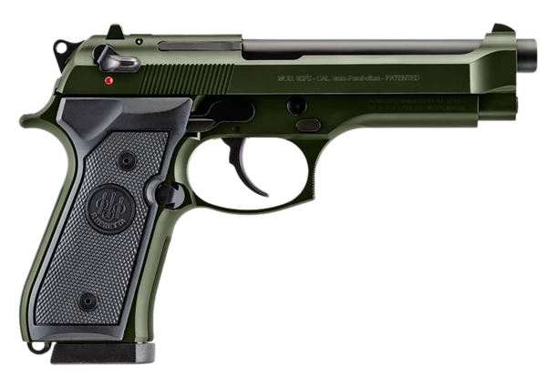 Beretta USA J92F300GR10 92FS  Full Size Frame 9mm Luger 10+1 4.90" Black Steel Barrel, OD Green Cerakote Serrated Slide, OD Green Cerakote Aluminum Frame w/Beavertail, Black Textured Grip