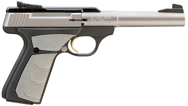 Browning 051483490 Buck Mark Camper *CA Compliant 22 LR 10+1 5.50" Tapered Bull Barrel, Matte Stainless Serrated SS Slide, Matte Black Aluminum Frame & Gray Overmolded Grips