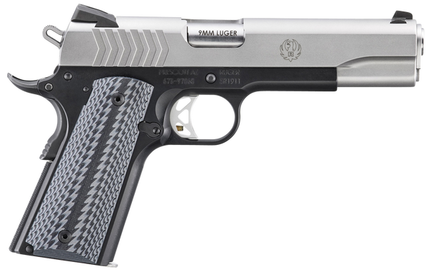 Ruger  SR1911  Full Size 9mm Luger 9+1 5" Stainless Steel Barrel, Satin Stainless Steel Serrated Slide, Black Anodized Aluminum Frame w/Beavertail, Black/Gray G10 Grip
