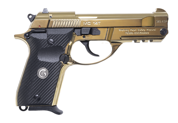 Girsan 390870 MC 14T Solution Compact Frame 380 ACP 13+1 4.50" Gold Plated PVD Steel Tip-Up Barrel, Gold Plated Serrated Steel Slide, Gold Plated Aluminum Frame w/Picatinny Rail, Black Polymer Grip