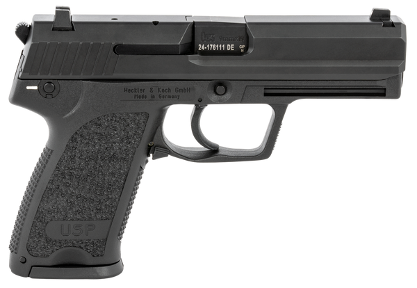 HK 81000309 USP V1 SA/DA 9mm Luger Caliber with 4.25" Barrel, 10+1 Capacity, Overall Black Finish, Serrated Trigger Guard Frame, Serrated Steel Slide & Polymer Grip Includes 2 Mags