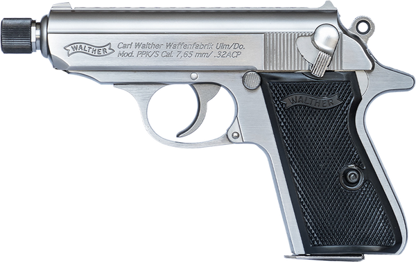Walther Arms 4796044 PPK/S  Carry Frame 32 ACP 7+1 3.30" Stainless Steel Threaded Barrel, Stainless Serrated Steel Slide, Stainless Aluminum Frame w/Beavertail, Textured Polymer Grip