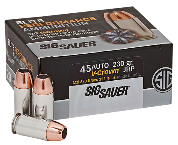 Sig Sauer E45AP220 Elite Performance  45ACP 230gr V-Crown Jacketed Hollow Point 20 Per Box/10 Case