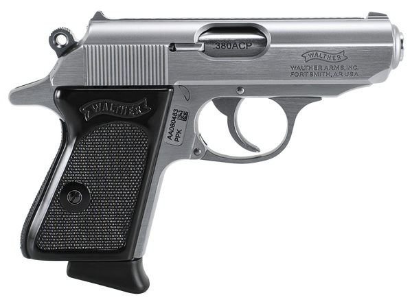 Walther Arms 4796001 PPK  380 ACP 6+1 3.30" Stainless Steel Barrel, Matte Stainless Serrated Zinc Alloy Slide, Stainless Aluminum Frame w/Beavertail, Black Polymer Grip, Manual Thumb Safety