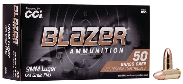 CCI 5201 Blazer Brass Handgun 9mmLuger 124gr Full Metal Jacket 50 Per Box/20 Case