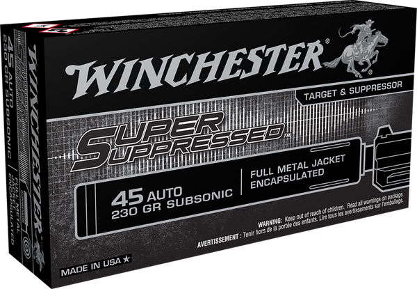 Winchester Ammo SUP45 Super Suppressed  45ACP Subsonic 230gr Encapsulated Full Metal Jacket 50 Per Box/10 Case