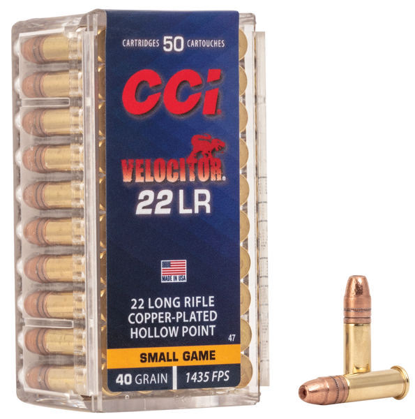 CCI 0047 Velocitor Rimfire 22LR 40gr Copper Plated Hollow Point 50 Per Box/100 Case