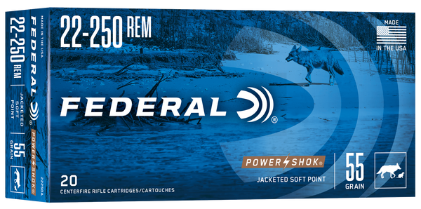 Federal 22250A Power-Shok  22-250Rem 55gr Jacketed Soft Point 20 Per Box/10 Case