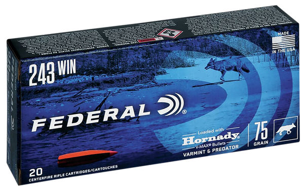 Federal V243VM75 Varmint & Predator  243Win 75gr Hornady V-Max 20 Per Box/10 Case