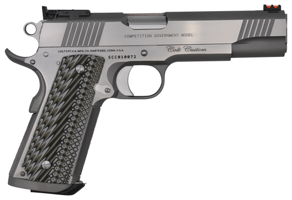Colt Mfg O1073CS Custom Competition 38 Super 9+1 5" Stainless National Match Barrel, Brushed Stainless Steel Serrated Slide & Frame w/Beavertail, Black G10 Grip, Ambidextrous