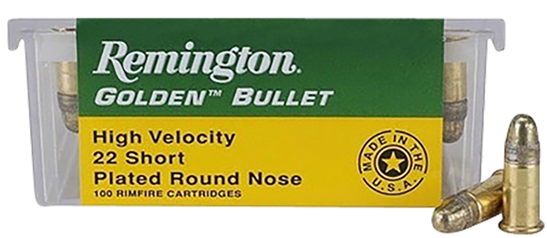 Remington Ammunition 21001 Golden Bullet  22Short 29gr Plated Lead Round Nose 100 Per Box/50 Case