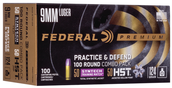 Federal P9HST1TM100 Premium Practice & Defend 9mmLuger 124gr HST JHP/Syntech TSJ 100 Per Box/5 Case