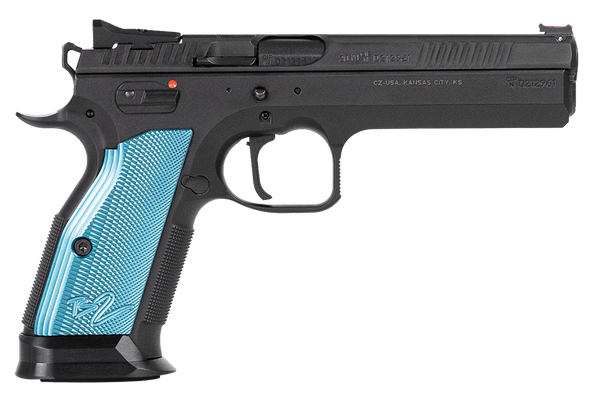 CZ-USA 91222 TS 2  40 S&W 17+1 5.28" Black Steel Barrel, Black Serrated Steel Slide, Black Polycoat Steel Frame w/Beavertail, Blue Checkered Aluminum Grip, Ambidextrous