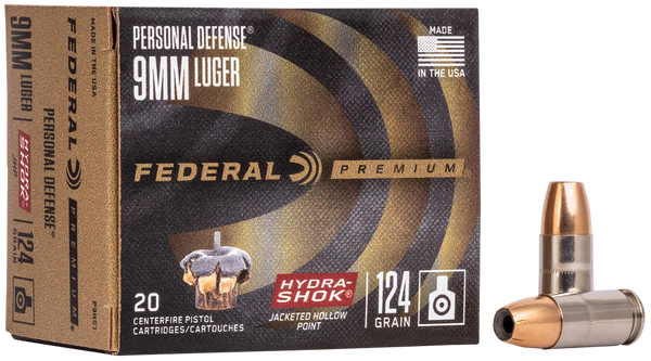 Federal P9HS1 Premium Personal Defense 9mmLuger 124gr Hydra-Shok Jacketed Hollow Point 20 Per Box/25 Case