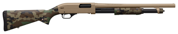 Winchester Repeating Arms  SXP Defender 20 Gauge 3" 5+1 (2.75") 18" Barrel, FDE Drilled & Tapped Rec, Woodland Camo Textured Stock, Tactical  Ribbed Forearm, Inflex Recoil Pad