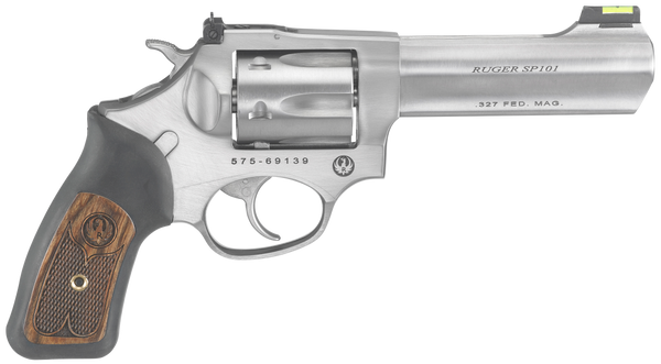 Ruger 5773 SP101  Small Frame 327 Federal Mag 6rd, 4.20" Satin Stainless Steel Barrel, Cylinder & Frame, Black Rubber w/Wood Insert Grip, Exposed Hammer, Transfer Bar Safety