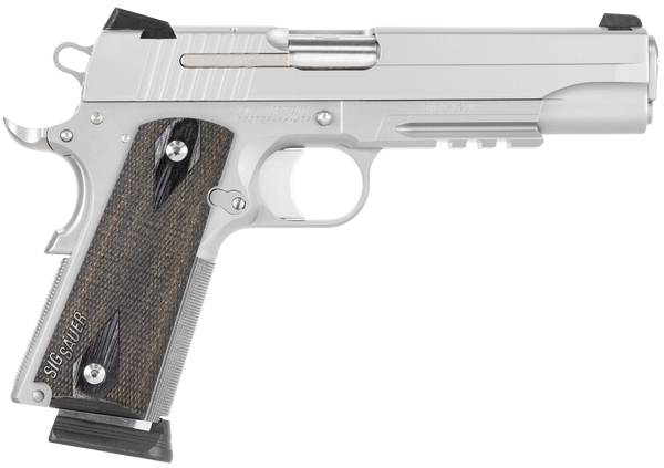 Sig Sauer 1911R45SSSCA 1911 Full Size *CA Compliant 45 ACP Caliber with 5" Barrel, 8+1 Capacity, Overall Stainless Steel Finish, Picatinny Rail/Beavertail Frame, Serrated Slide & Blackwood Grip