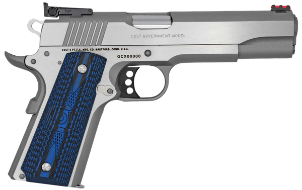 Colt Mfg O5073GCL Gold Cup Lite  38 Super 8+1 5" Stainless National Match Barrel, Stainless Steel Serrated Slide, Stainless Steel Frame w/Beavertail, Blue Scalloped G10 Grip, Ambidextrous