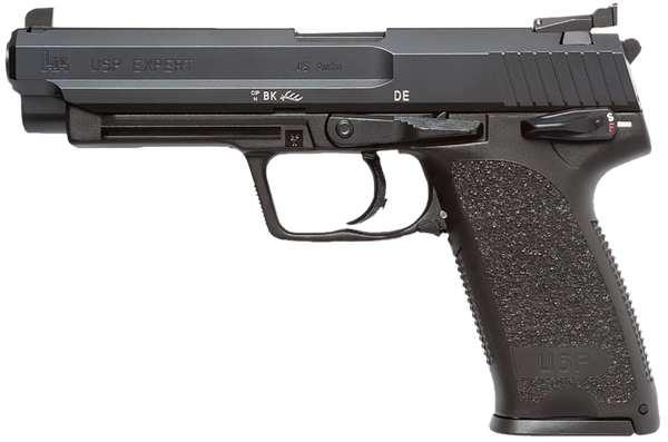 HK 81000365 USP Expert V1 SA/DA 45 ACP Caliber with 5.19" Barrel, 10+1 Capacity, Overall Black Finish, Serrated Trigger Guard Frame, Serrated Long Steel Slide & Polymer Grip Includes 2 Mags