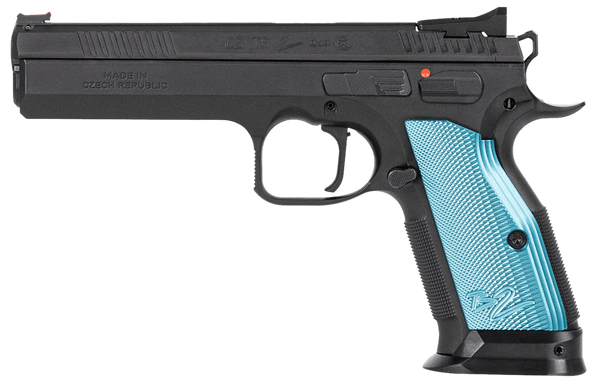 CZ-USA 01220 TS 2  9mm Luger 10+1 5.28" Black Steel Barrel, Black Nitride Serrated Slide, Black Steel Frame w/Beavertail, Blue Textured Aluminum Grip