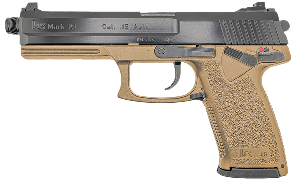 HK 81000869 Mark 23  45 ACP 10+1 5.87" Black Threaded Barrel, Black Cerakote Serrated Steel Slide, Flat Dark Earth Polymer Frame w/Accessory Rail, Textured Grip