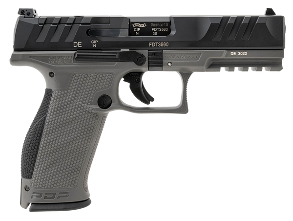 Walther Arms 2858371 PDP  9mm Luger 18+1 4.50" Black Polygonal Rifled Barrel, Black Optic Ready/Serrated Slide, Gray Polymer Frame w/Picatinny Rail, Black Performance Duty Texture Grips, Ambidextrous