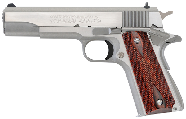 Colt Mfg O1070A1CS 1911 Government 45 ACP 8+1 5" Stainless National Match Barrel, Brushed Stainless Serrated Slide & Frame w/Beavertail, Double Diamond Checkered Wood Grip