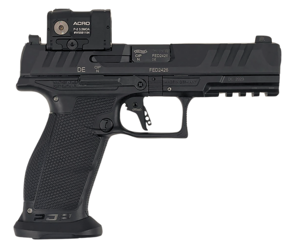 Walther Arms 2881225PRO PDP w/Optic Full Size Frame 9mm Luger 18+1 4.50" Polygonal Rifling Barrel Black Optic Ready/Serrated Steel Slide Black Polymer Frame w/Picatinny Rail, Aimpoint Acro Red Dot