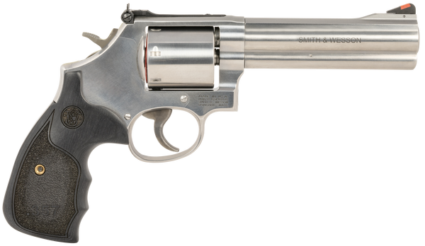 Smith & Wesson 150854 Model 686 Plus 38 S&W Spl +P, 357 Mag 7rd 5" Stainless Steel Barrel & Cylinder Satin Stainless Steel Frame with Black & Silver Custom Wood Grip & Red Ramp Front Sight