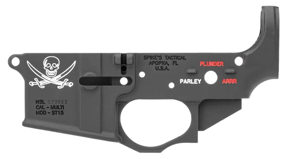 Spikes STLS016CFA Calico Jack Stripped Lower Receiver Multi-Caliber 7075-T6 Aluminum Black Anodized with Color Fill for AR-15