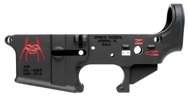 Spikes STLS019CFA Spider Stripped Lower Receiver Multi-Caliber 7075-T6 Aluminum Black Anodized with Color Fill for AR-15