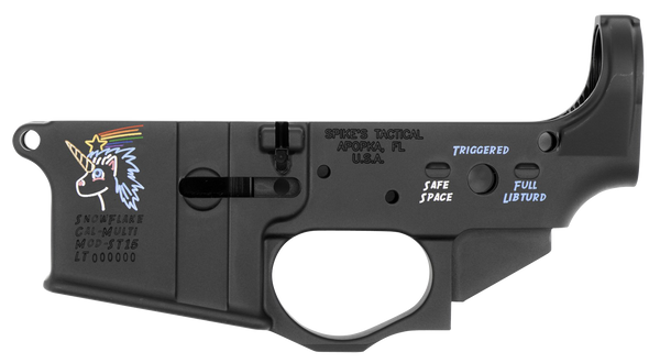 Spikes STLS030CFA Snowflake Stripped Lower Receiver Multi-Caliber 7075-T6 Aluminum Black Anodized with Color Fill for AR-15