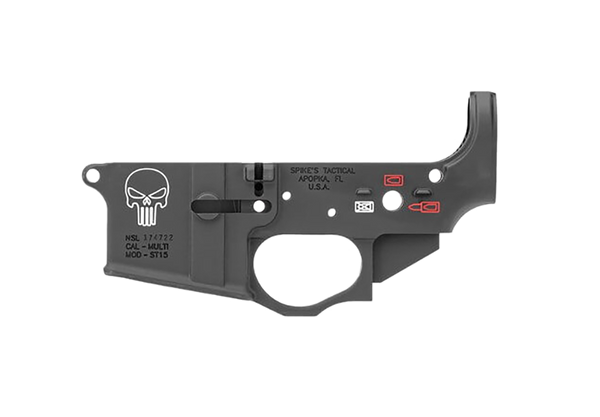 Spikes Tactical STLS015CFA Punisher Stripped Lower Receiver Multi-Caliber 7075-T6 Aluminum Black Anodized with Color Fill for AR-15
