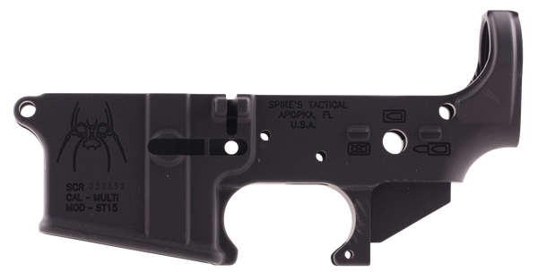 Spikes STLS019 Spider Stripped Lower Receiver with Billet Markings Multi-Caliber 7075-T6 Aluminum Black Anodized for AR-15
