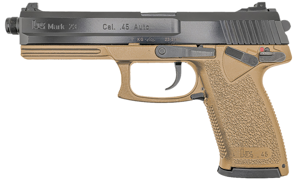 HK 81000869 Mark 23  45 ACP 10+1 5.87" Black Threaded Barrel, Black Cerakote Serrated Steel Slide, Flat Dark Earth Polymer Frame w/Accessory Rail, Textured Grip