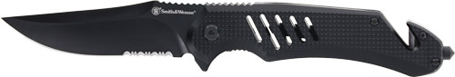 S&W KNIFE EXTREME OPS 3.5" FOLDER W/STRAP CUTTER BLACK