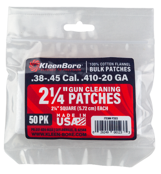 KleenBore P203 Super Shooter  .38/ .45 Cal 20/.410 Gauge 2.25" 100% Cotton Flannel 50 Per Pack